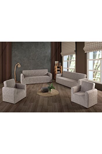 Gerbera Home Collection Jakarlı Ağaç Kabuğu Koltuk Örtüsü Takımı 3+2+1+1 Bej Renk