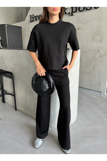 Laluvia Black Short Sleeve Padded Sweat Tracksuit Set