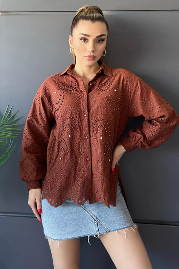 GÜLSELİ Tile Pearl and Stone Detailed Openwork Women's Shirt