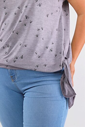 Seamoda Bee Printed Side Slit Detail Comfortable Large Size T-Shirt - Light Purple