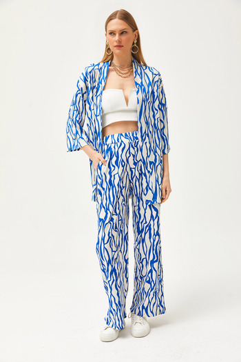 Olalook Women's Saks Blue Top Kimono Bottom Pocket Trousers Set TKM-19000276