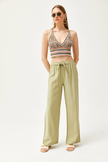 Olalook Light Khaki Palazzo Trousers - Belted and Elastic Waist, PNT-19000200