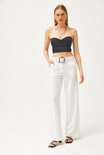 Olalook Women's White Metal Buckle Belt Scuba Crepe Palazzo Trousers PNT-19000208