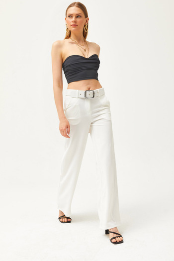 Olalook Women's White Metal Buckle Belt Scuba Crepe Palazzo Trousers PNT-19000208