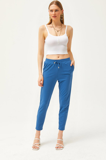 Olalook Women's Indigo Elastic Waist Pocket Carrot Trousers PNT-19000203