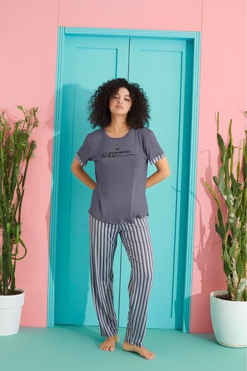 MEBA Anthracite Text Patterned Short Sleeve Knitted Milan Women's Pajamas Set /6