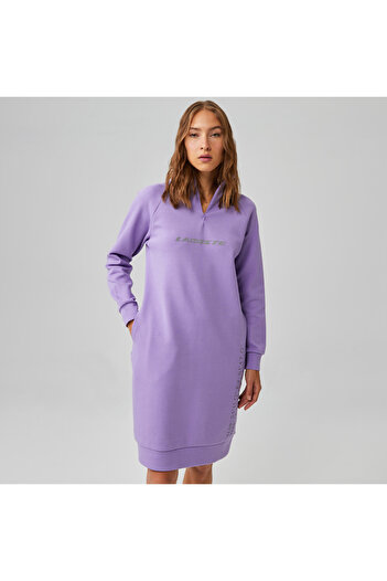 Lacoste Kadın Loose Fit Uzun Kollu Fermuarlı Baskılı Lila Elbise