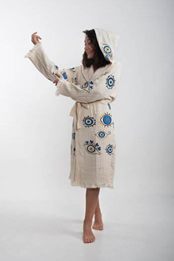 REİNA TEKS Peshtemal Bathrobe Cotton Evil Eye Bead Eye Yellow-Blue 1 Piece Unisex Beachwear Kimono Kaftan