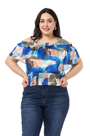 DISENTIS MODEST Plus Size Satin Blue Blouse with Double Layer Ruffle Collar and Rubber Waist Gipe Detail