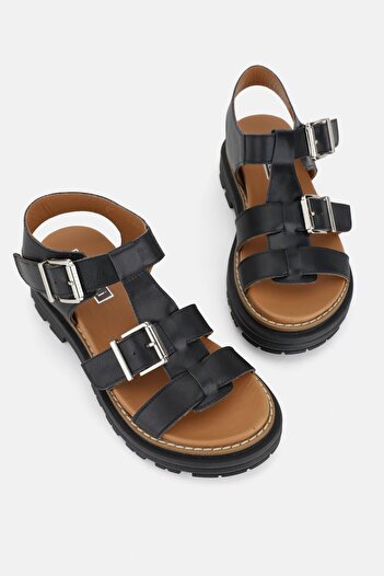 TUNAELLİ WOMEN'S BLACK GENUINE NATURAL LEATHER SHORT HEELED BUCKLE SANDALS