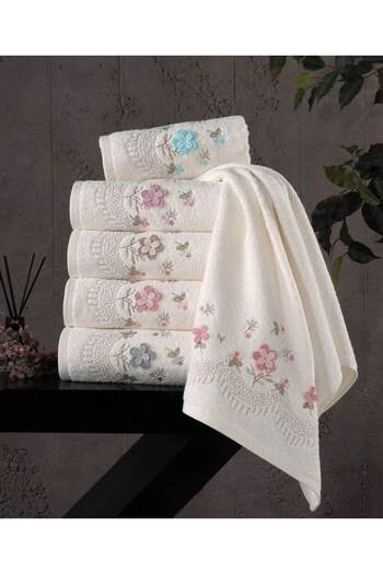 Fiesta 50x90 Cm Evra 3D Embroidered 100% Curl White 6 Pieces Hand Face Towel Set