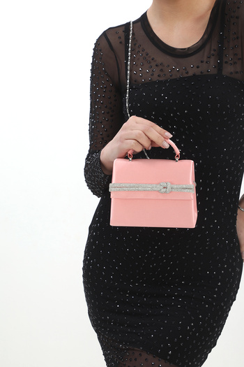 Piedra Powder Color Satin Fabric Stone Accessory Magnetic Closure Shoulder Strap Available (Small Size)