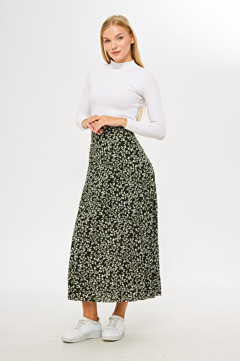 Rudaconcept Fustă lungă plisată cu model de flori crocante verde, fustă de vară cu modele florale, fustă creponată, fustă hijab