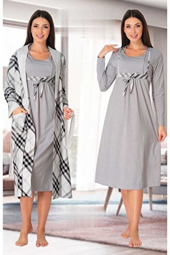 Effortt 8085 Gray Patterned Maternity Nightgown Set with Dressing Gown