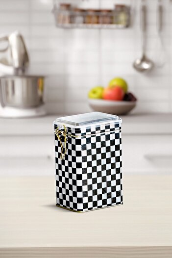 EVLE Ef043-g8 Checkers Black Patterned Rectangular Metal Storage Container 8x10 Cm
