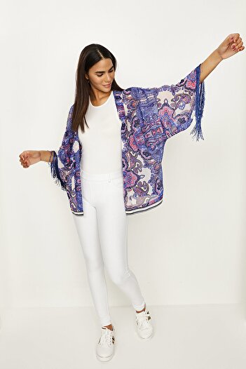 Select Moda Women's Blue Patterned Tassel Kimono