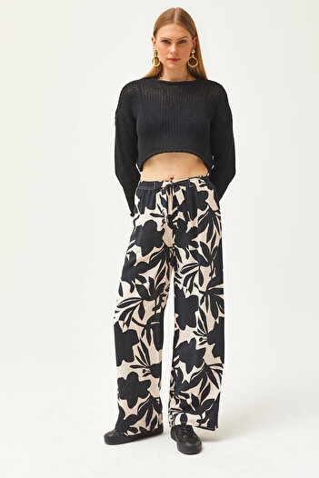Olalook Women's Black Big Flower Patterned Palazzo Kupra Trousers PNT-19000272
