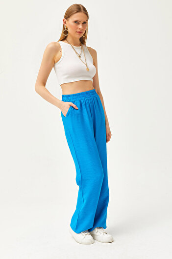 Olalook Women's Blue Pocketed Elastic Waisted Linen Ayrobin Palazzo Trousers PNT-19000271