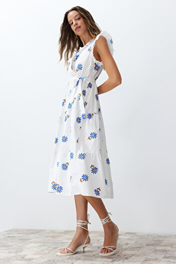 Trendyol Collection White Belted A-Line Double Breasted Neck Lining Midi Woven Dress Twoss24El00914