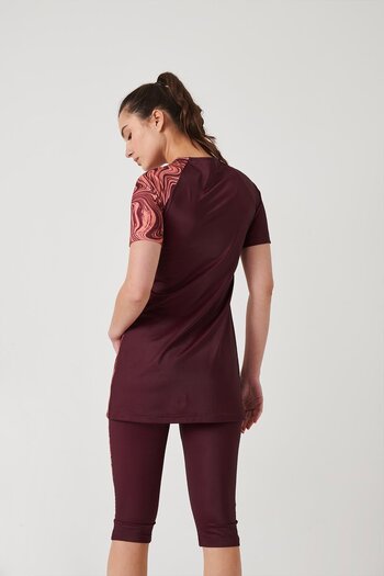 Haşema Sleeve Patterned Plum Semi-Closed Pool Swimsuit