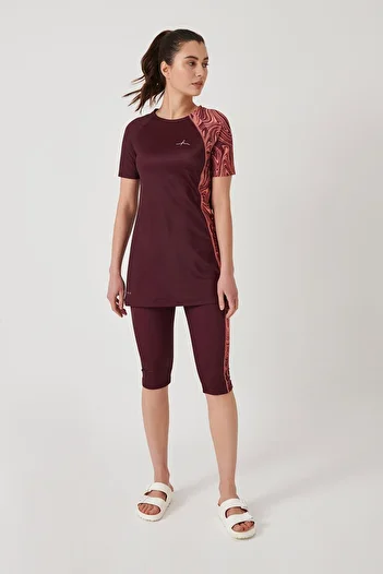 Haşema Sleeve Patterned Plum Semi-Closed Pool Swimsuit
