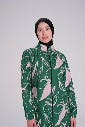 Nehar Patterned Green Woven 3 Piece Hijab Swimsuit Set 2256