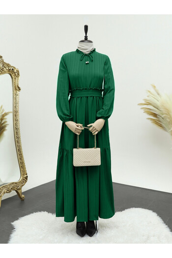HİJABAYA Neck Ruffle Piece Seersucker Dress