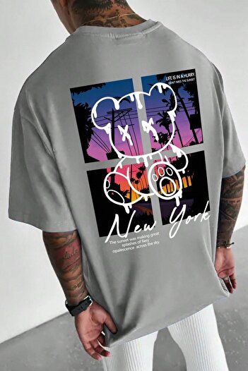 MODAGEN Men's Oversize Gray New York Back Printed T-shirt