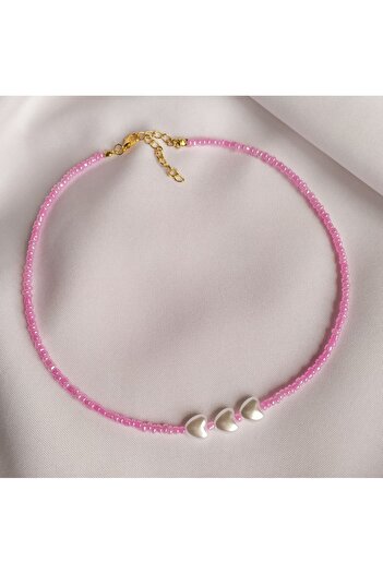 Stoneday Pink Pearlescent and Bead White Pearl Heart Necklace