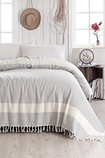Lux Touch Pure Gray Double Bedspread 200 X 230 Cm Piqué Cotton Sofa Armchair Cover with Tassels
