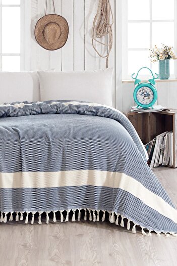 Lux Touch Pure Navy Blue Double Bedspread 200 X 230 Cm Piqué Cotton Sofa Armchair Cover with Tassels