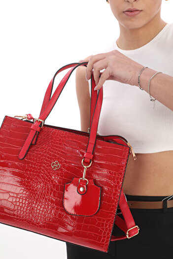 womenacs Bright Red Color Crocodile Patterned Women's Bag with Plenty of Eyelets and Shoulder Strap
