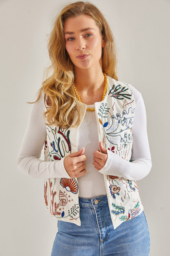 Bianco Lucci Modest Linen Women's Vest - Embroidered, Model60181042