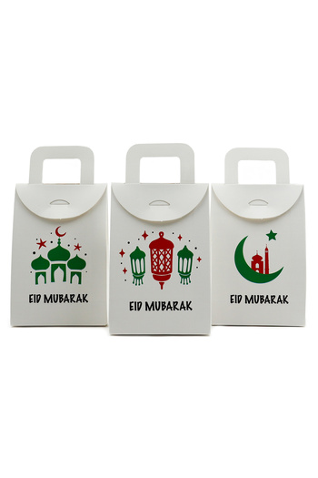 repro design 10 x 15 см бяла празна кърпичка с 3 броя щампи за Ейд Мубарак, бонбони, джобни пари, подаръчна кутия