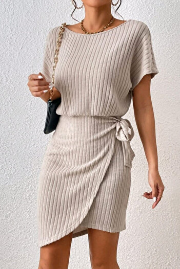 missamour Women's Summer Beige Side Tie Thick Ribbed Dress