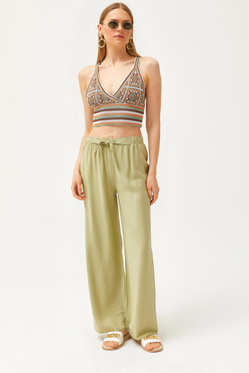 Olalook Light Khaki Palazzo Trousers - Belted and Elastic Waist, PNT-19000200