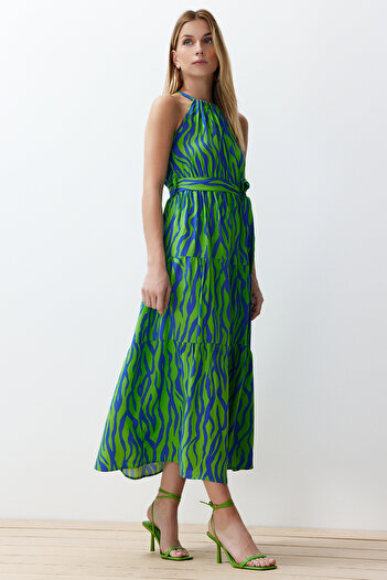 Trendyol Collection Rochie maxi țesută Shally de culoare albastră, cu decolteu cu șalter, decolteu, TWOSS24EL00872