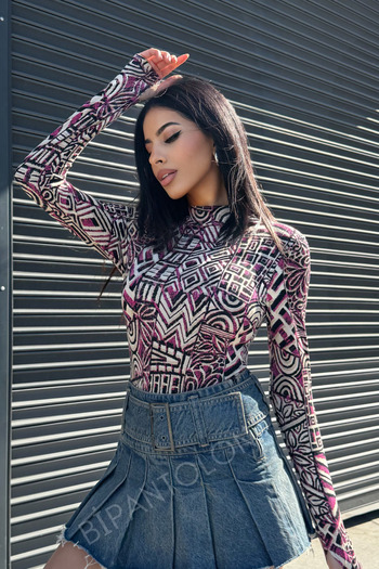 Bipantolon Women's Pink Multi-Patterned Finger Detailed Bodysuit