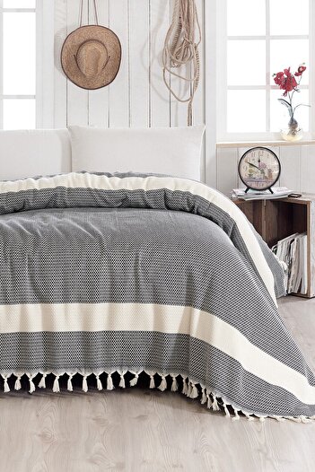 Lux Touch Pure Black Double Bedspread 200 X 230 Cm Piqué Cotton Sofa Armchair Cover with Tassels