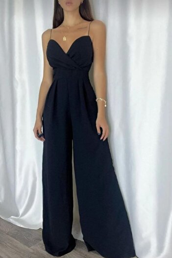 bayansepeti Black Stretchy Crepe Fabric Rope Strap Double Breasted Collar Wide Leg Jumpsuit582191