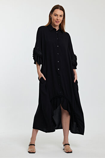 Denismoda Women's Shirt Collar Buttoned Pompom Shirt Dress