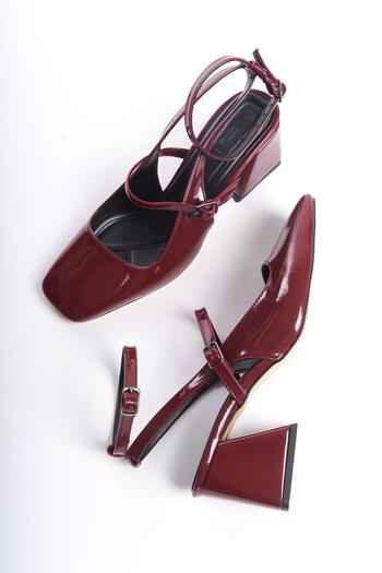 Modabuymus Mulia Claret Red Patent Leather Mary Jane Thick Heeled Ankle Strap Shoes