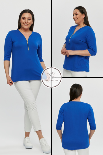 tarzımsüper Plus Size New Season Capri Sleeve Blouse Zippered Comfort Model V-neck 4 Seasons Mother Daily Stylish Blouse