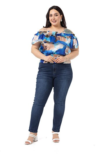 DISENTIS MODEST Plus Size Satin Blue Blouse with Double Layer Ruffle Collar and Rubber Waist Gipe Detail