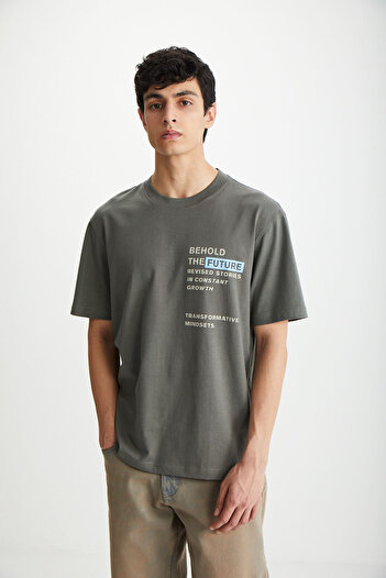GRIMELANGE RAMADANP018 Men's 100% Cotton Crew Neck Printed Gray T-Shirt