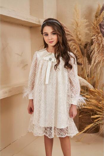 PİXİNADELUXE Long Sleeve Children's Short Dress with Tassel Detail - Bow Design
