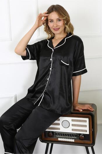 Akbeniz Kadın Büyük Beden Siyah Saten Pijama Takımı 10303