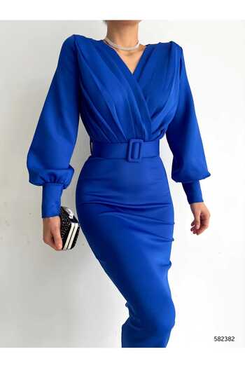 Esinty Rochie de damă, cu mâneci cu balon, cu guler dublu, din stofă de scuba, cu curea (colorată)