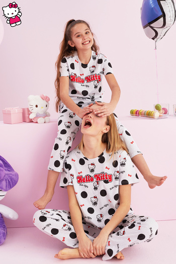 Siyah İnci Hello Kitty Licensed 100% βαμβακερό γκρι πολύχρωμο σετ πιτζάμες με λαιμόκοψη