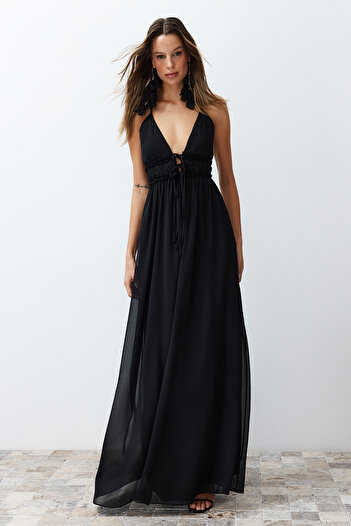 Trendyol Collection Black A-Line Lined Chiffon Woven Long Flight Flight Stylish Evening Dress Night Homecoming Dress Tprss24Ae00058